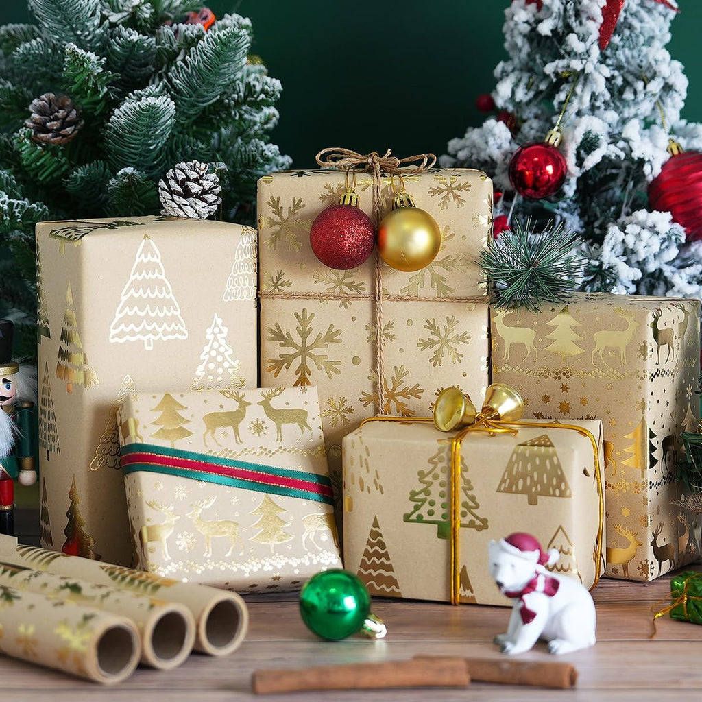 Christmas Wrapping Paper Rolls, Metallic Gold Foil - Brown Kraft Xmas Wrapping Paper Rolls, Gift Wrapping Paper for Women Men, Wrapping Paper for Christmas New Year Winter, 3 Rolls, 43Cm X 3M per Roll