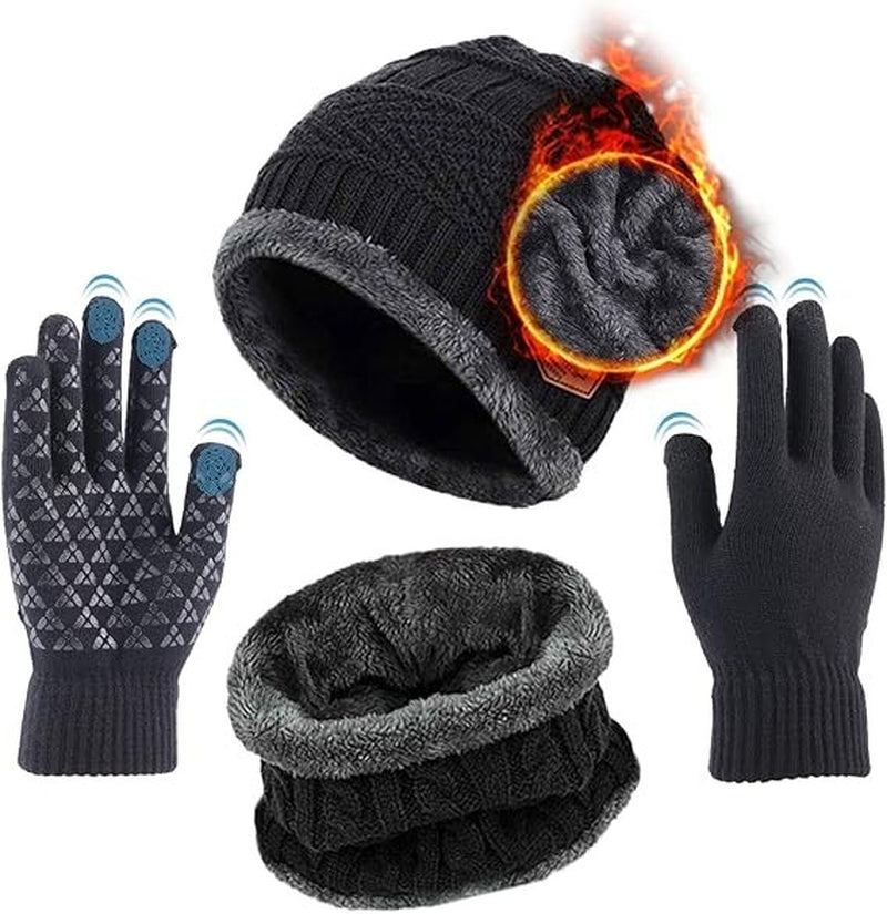 Aisprts Winter Hat Scarf Gloves Set Thermal Knitted Beanie Snood Touchscreen Glo
