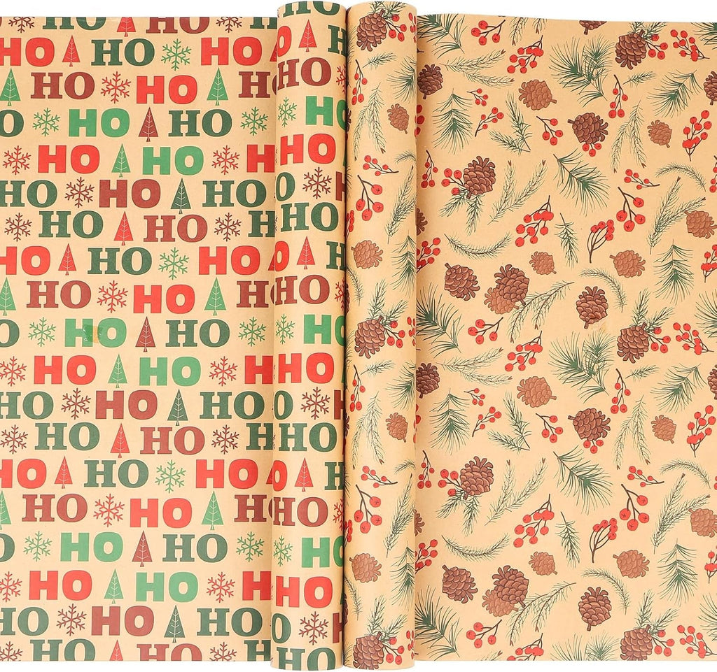 20M Christmas Wrapping Paper- 2 Roll 43Cm X 10M Kraft Gift Wrapping Paper -Durable Mini Roll -Surprises Gift Wrap Pack for Christmas New Year Party Supplies (Multi)