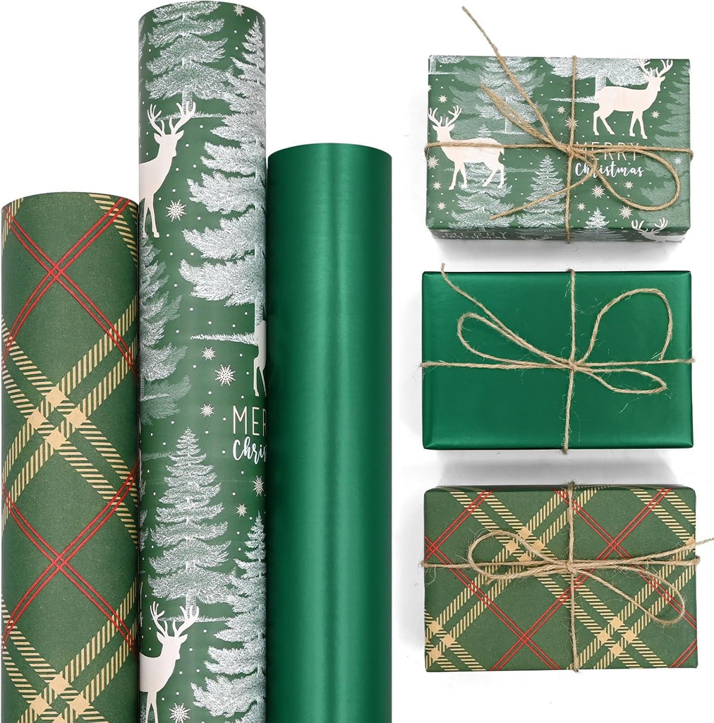 3 Rolls 43Cm * 3M Christmas Wrapping Paper, Xmas Wrapping Paper Rolls,  Recyclable Wrapping Paper Green for Festival Xmas Decoration
