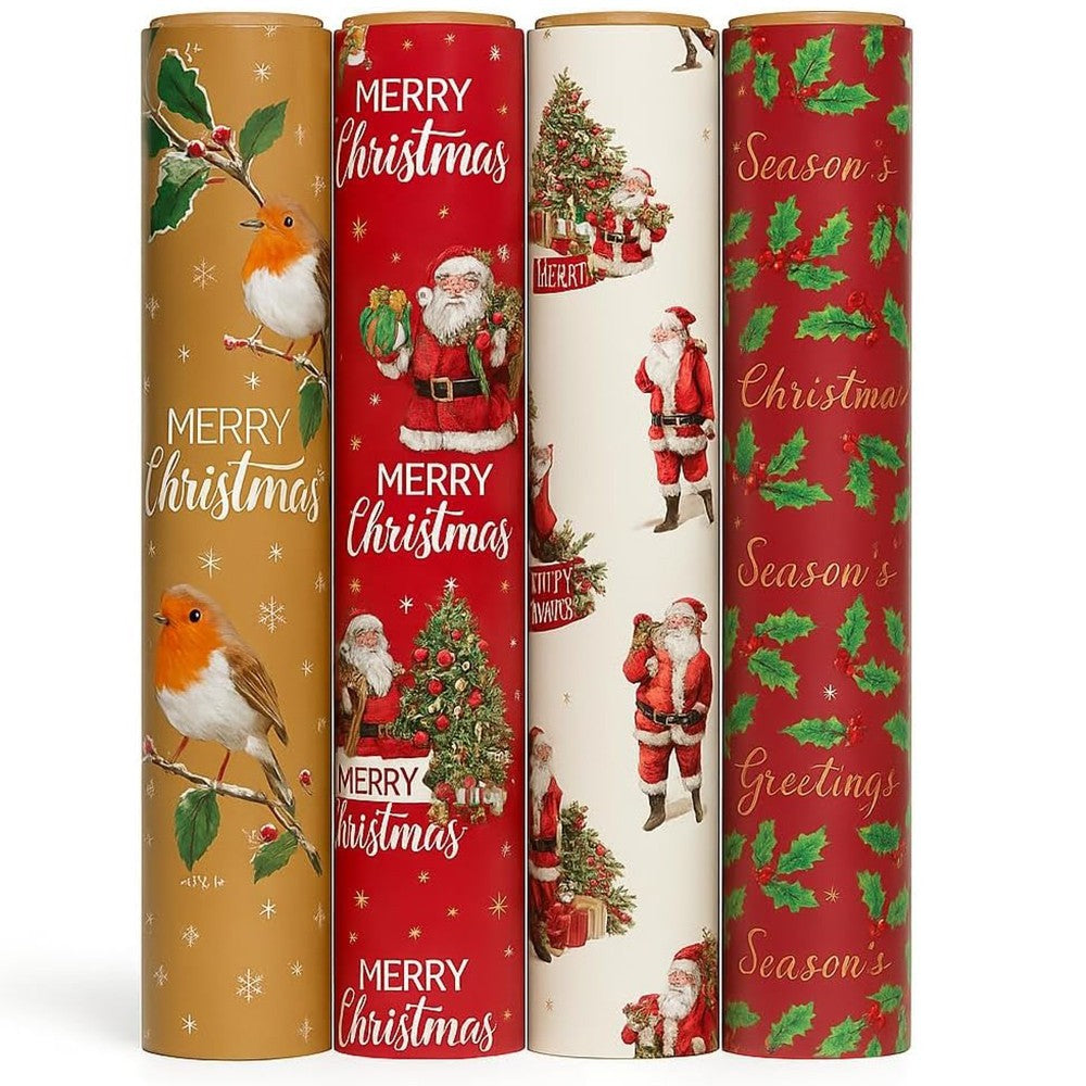 Christmas Wrapping Paper Roll 4 Pk Cute Traditional Contemporary Festive Design