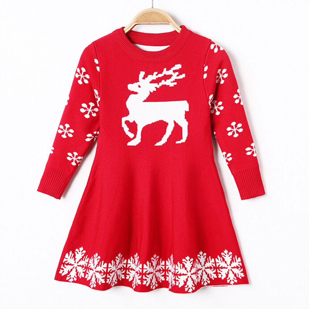 UK Kids Girls Christmas Elk Knitted Sweater Winter Warm Long Sleeve Jumper Dress