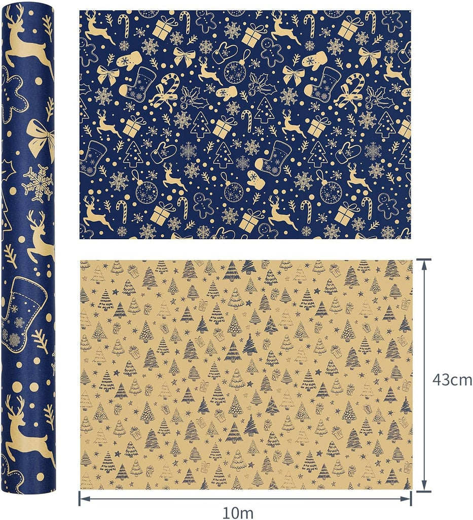 Christmas Wrapping Paper Roll for Xmas Gift Wrap, 43Cm*10M Luxury Blue Double-Sides Kraft Present Paper for Secret Santa Claus Ornament Party New Year Festive Holiday, One Roll_Two Packing Pattern