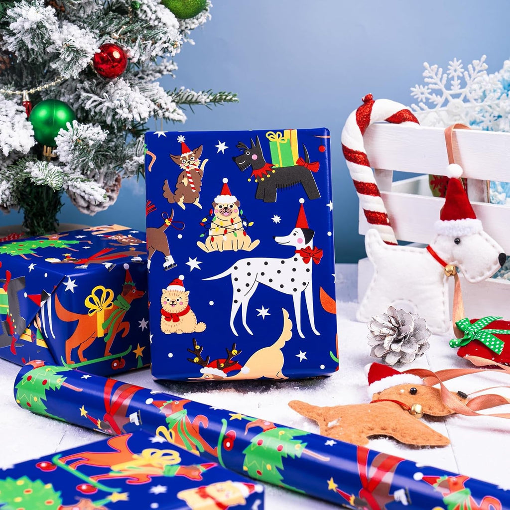 Dog Christmas Wrapping Paper - Mini Roll - 43.2Cm X 5M - Adorable Christmas Dog Wrapping Paper for Xmas, Party Celebration