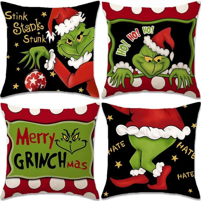 Pack of 4 Christmas Decor Cushion Covers Christmas Grinch Pillow Covers