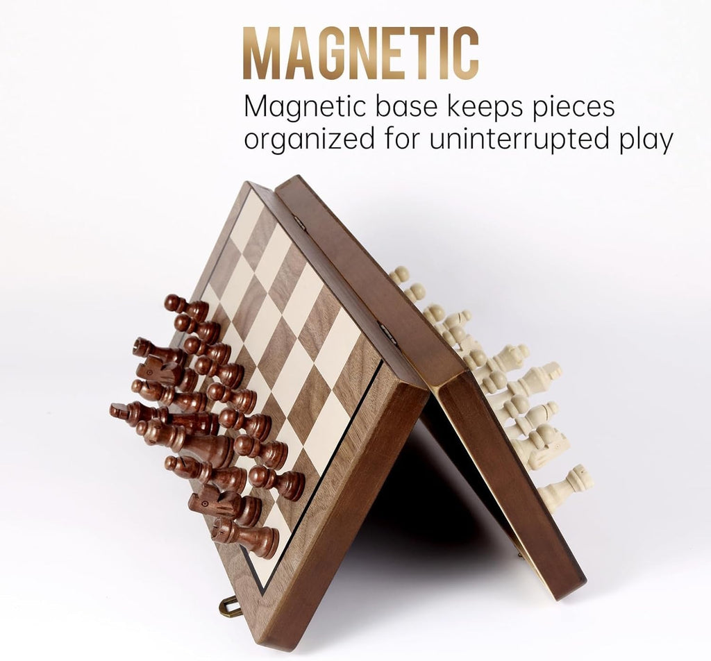 Chess Set, 15'' Magnetic Wooden Chess Board, Travel Chess Set for Adults & Kids, 2-In-1 Chess and Checkers Board Game