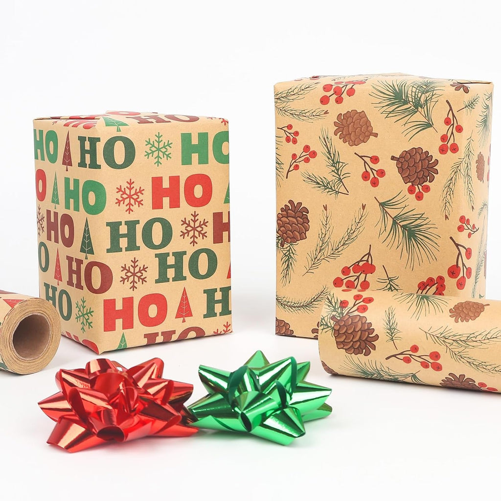 20M Christmas Wrapping Paper- 2 Roll 43Cm X 10M Kraft Gift Wrapping Paper -Durable Mini Roll -Surprises Gift Wrap Pack for Christmas New Year Party Supplies (Multi)