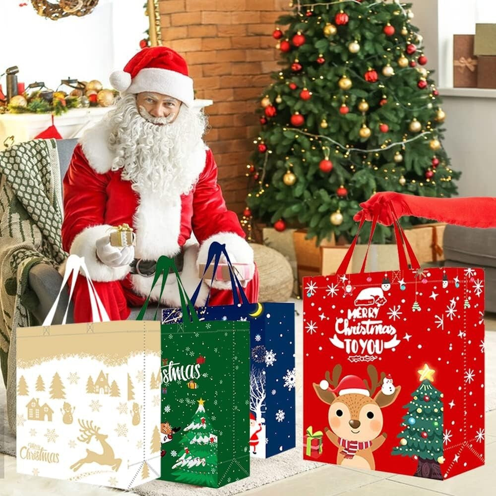 4 Pack Christmas Reusable Grocery Bag,Large Tote Bag with Handle, Gift Present