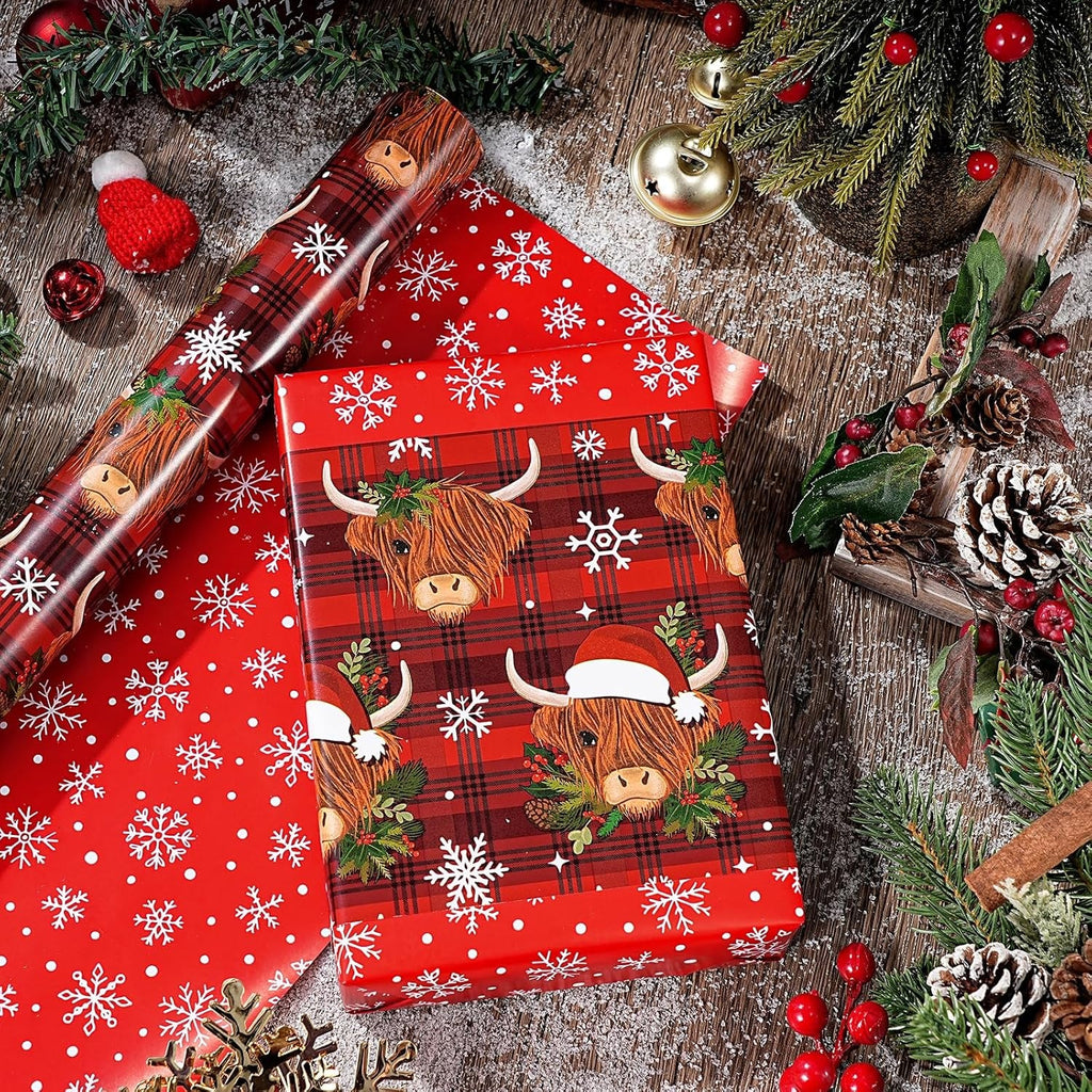 Reversible Cow Christmas Wrapping Paper - Mini Roll - 43.2Cm X 10M - Highland Cow and Snowflake Wrapping Paper for Xmas, Party Celebration