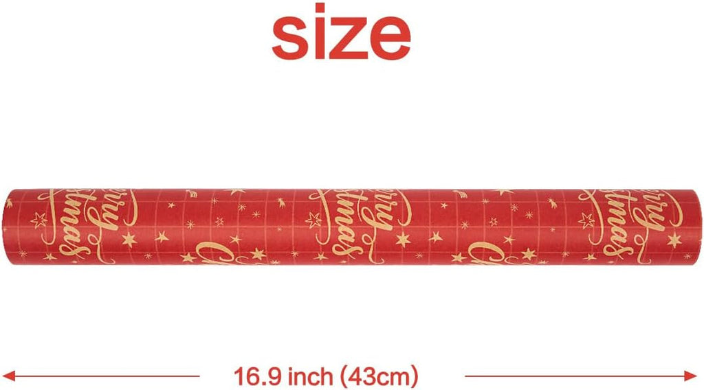 15M Red Gift Wrapping Paper Roll, 43Cm Recyclable Kraft Paper Print with "Merry Christmas" and Star for Christmas, Birthday, Baby Shower, Party Gift Decoration