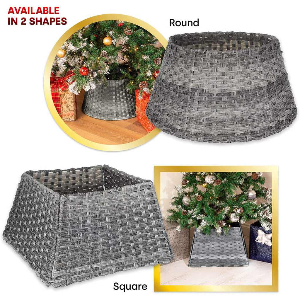 Xmas Christmas Tree Rattan Wicker Skirt Stand Base Basket Cover Tidy Decor Grey