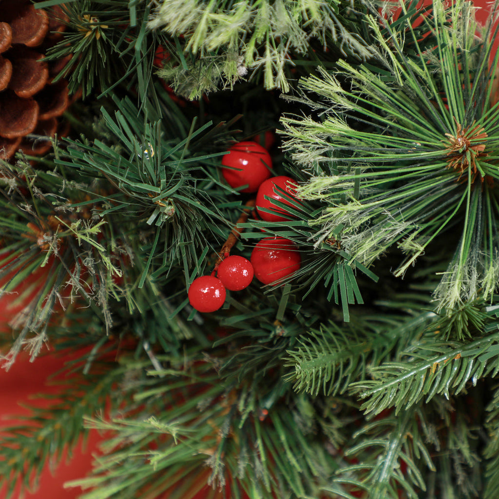 HOMCOM 60Cm Christmas Wreath with LED Lights Pine Cones Red Berries Green