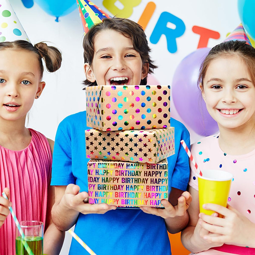 3 Rolls Birthday Gift Wrapping Paper, 43Cm*3M Recyclable Kraft Paper Print with Dots Star, Suitable for Birthday, Party, Wedding, Festival Gift Decorations