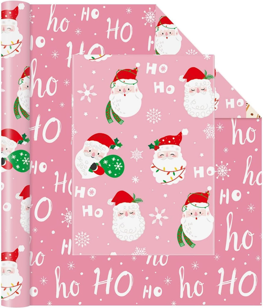 Christmas Wrapping Papers - 1 Roll 43Cm X 10M Santa Claus Gift Wrapping Paper Reversible Christmas Wraps Paper for Boys Girls HOHO Design Pink Gift Wrap for Winter Holiday Present Decoration