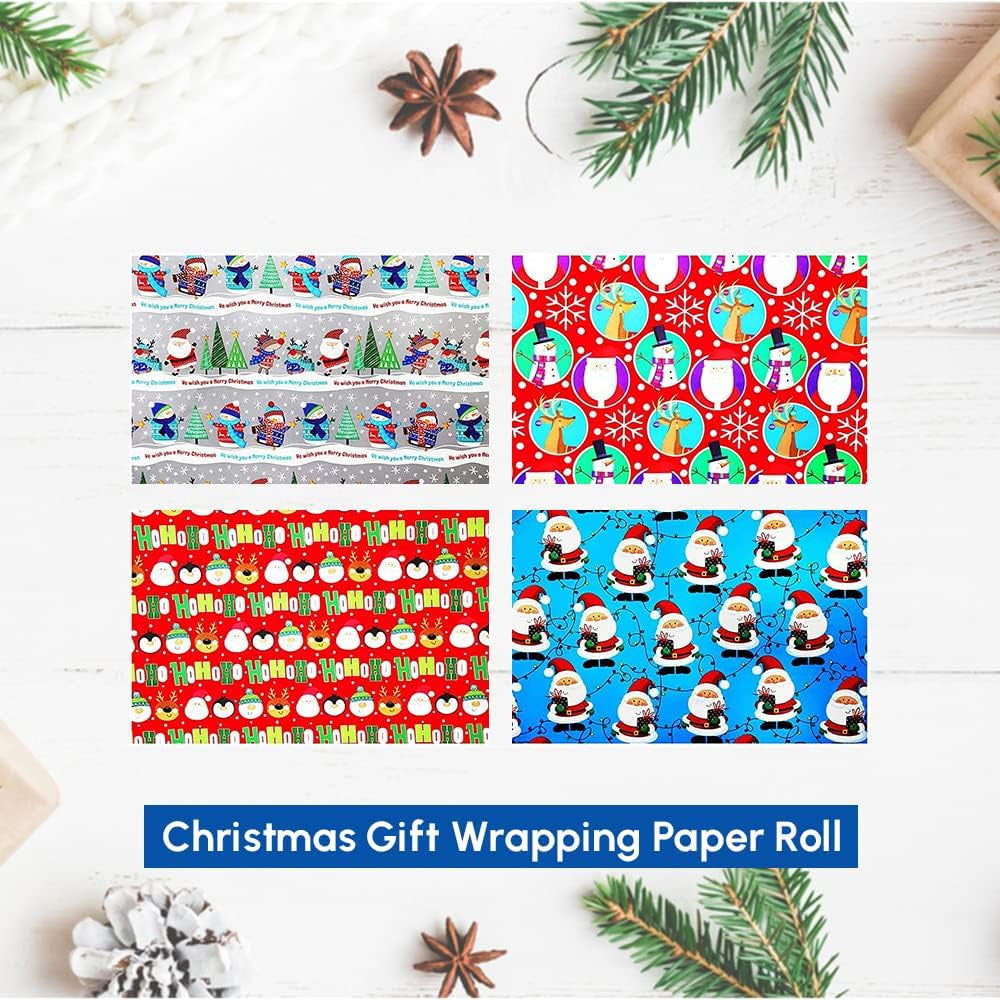Pack of 4 X 4M Cute Christmas Character Gift Wrapping Paper Roll -Perfect for Christmas, Birthday, Festival, Party or Wedding Gift and Festive Decoration