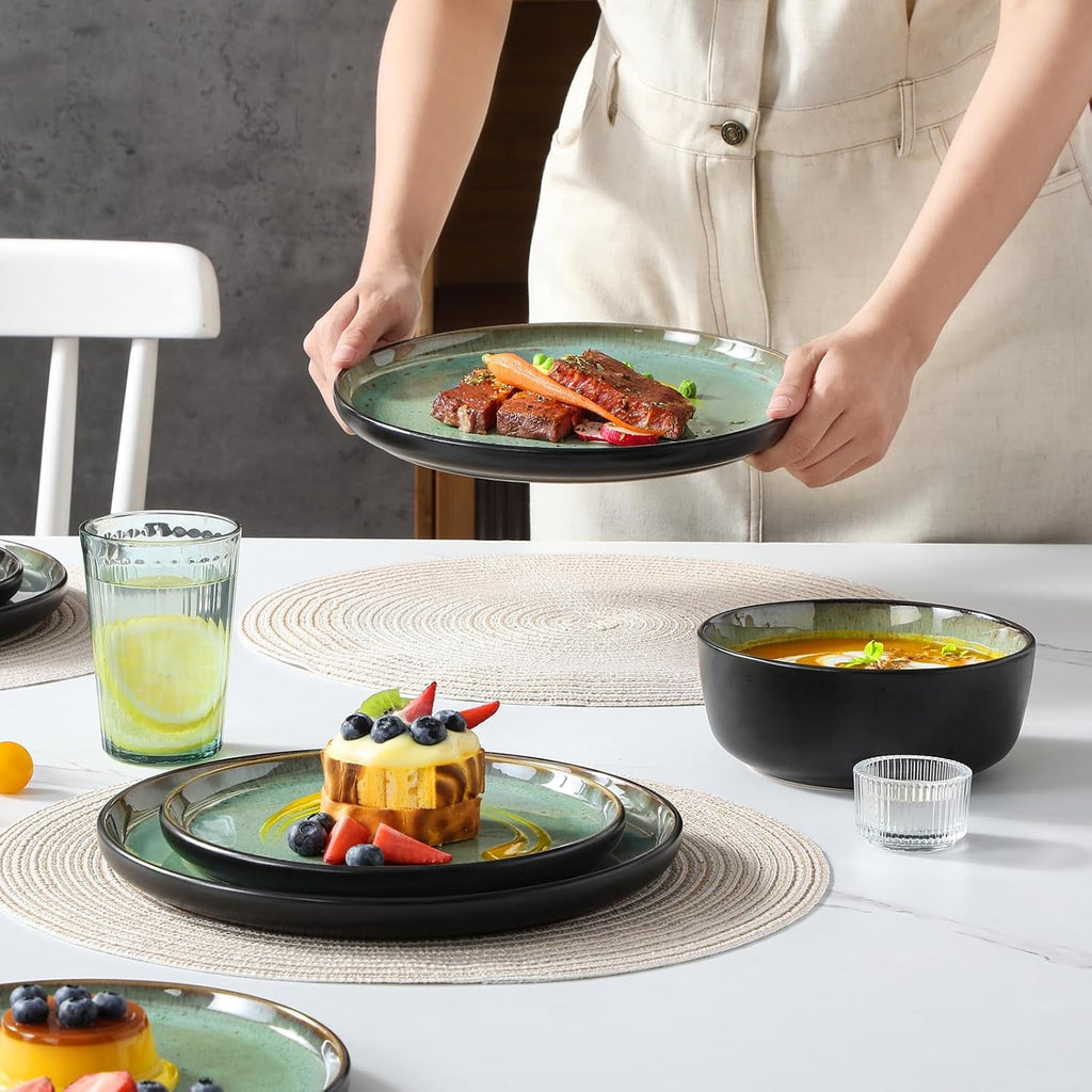 Amber 18 Pieces Dinner Set for 6, Reactive Glaze Stoneware Plates and Bowls Set, Green Crockery Set with Dinner Plates, Dessert Plates & Cereal Bowls, Microwave & Dishwasher Safe