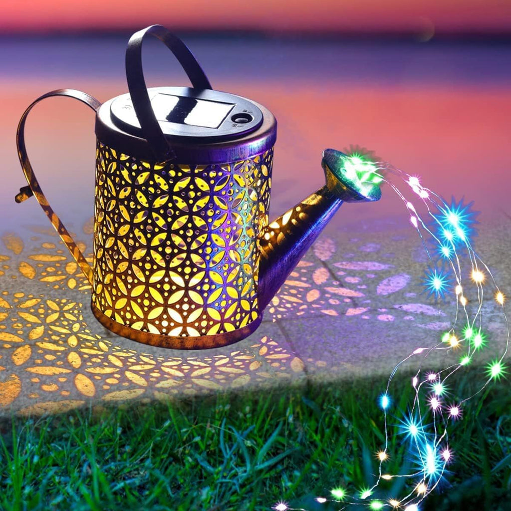 Solar Power LED String Light Watering Can Hollow Outdoor Garden Lamp Decor Xmas