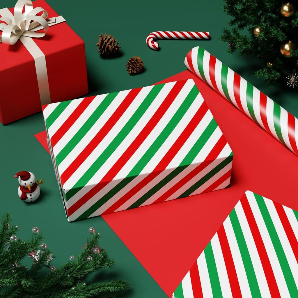 Reversible Christmas Wrapping Paper Roll - 1 Roll 43Cm X 10M Red Christmas Wrapping Paper with Green and Red Stripes Design for Kids Boys Holiday Birthday Gift Packing Decorations