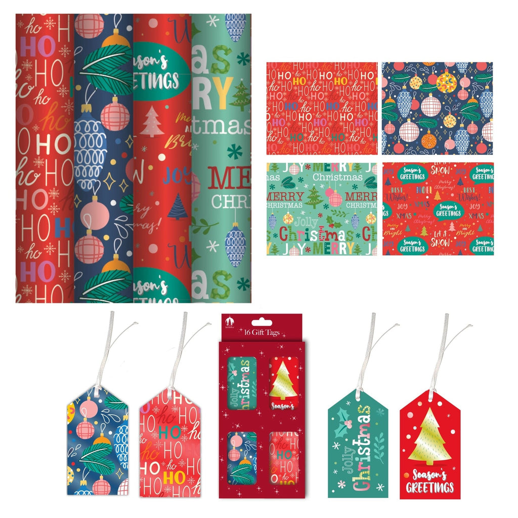 4 X 4M Christmas Wrapping Paper Rolls Contemporary Gift Wrap & 16 Matching Tags