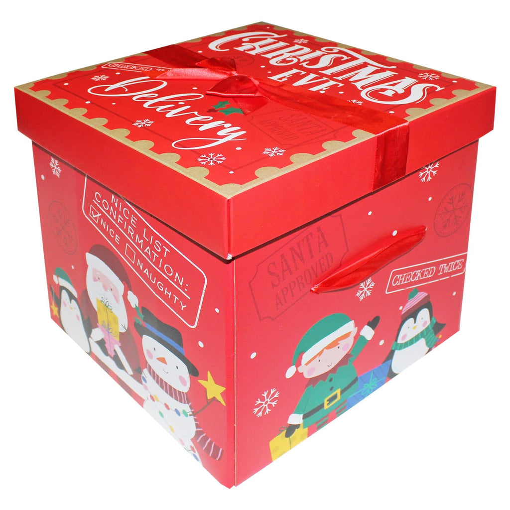 Christmas Eve Gift Box with Ribbon Bow 'Flat Pack' 28Cm X 27.5Cm - Choose Design