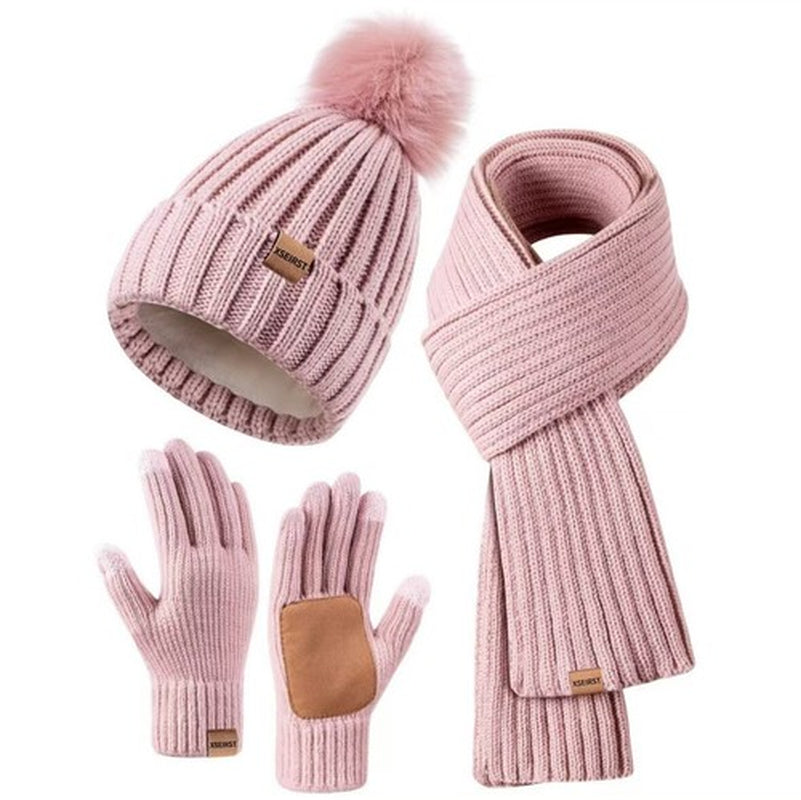 Hat Scarf and Gloves Set Ladies, Winter Beanie Hat for Women with Pom Pom Fleece