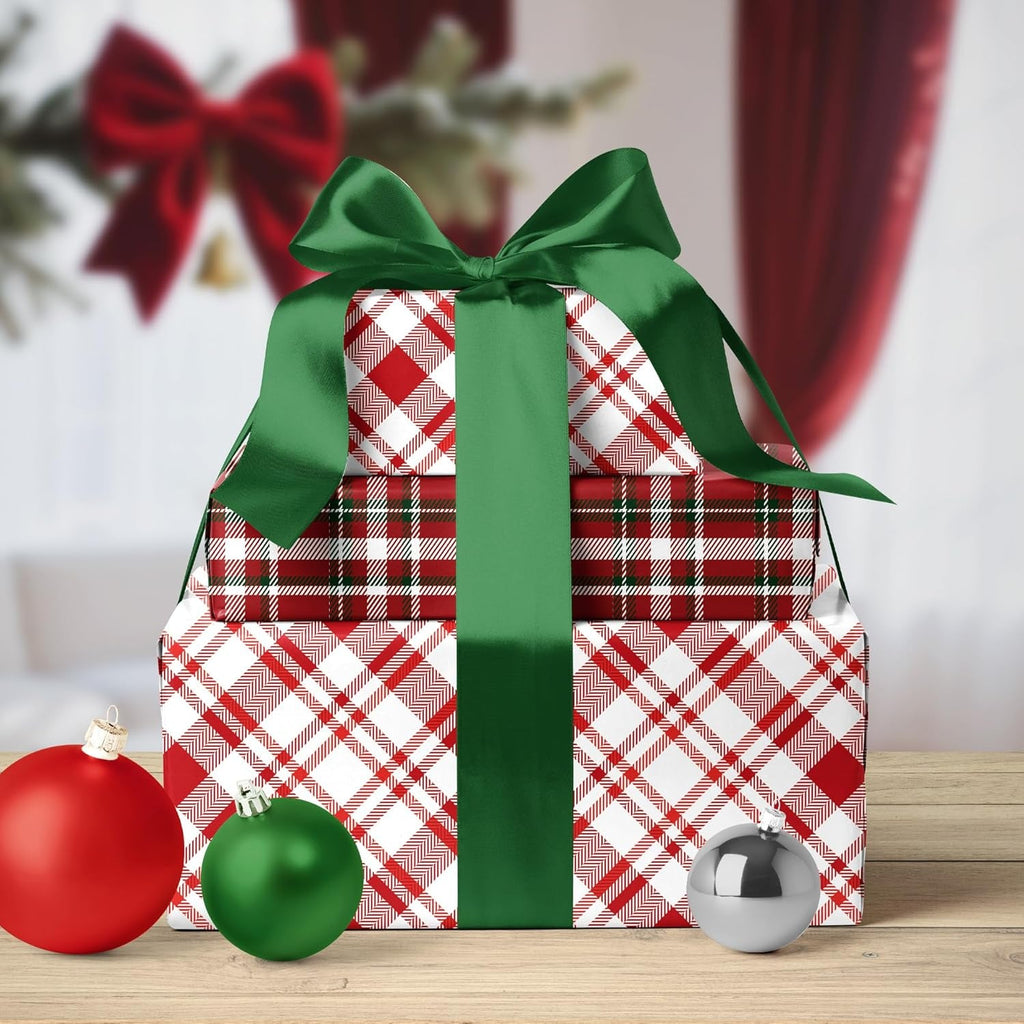 Reversible Christmas Wrapping Paper Roll, Classic Red & White Plaid Gift Wrap for Christmas, Holiday, Winter Party, 43Cm X 10M