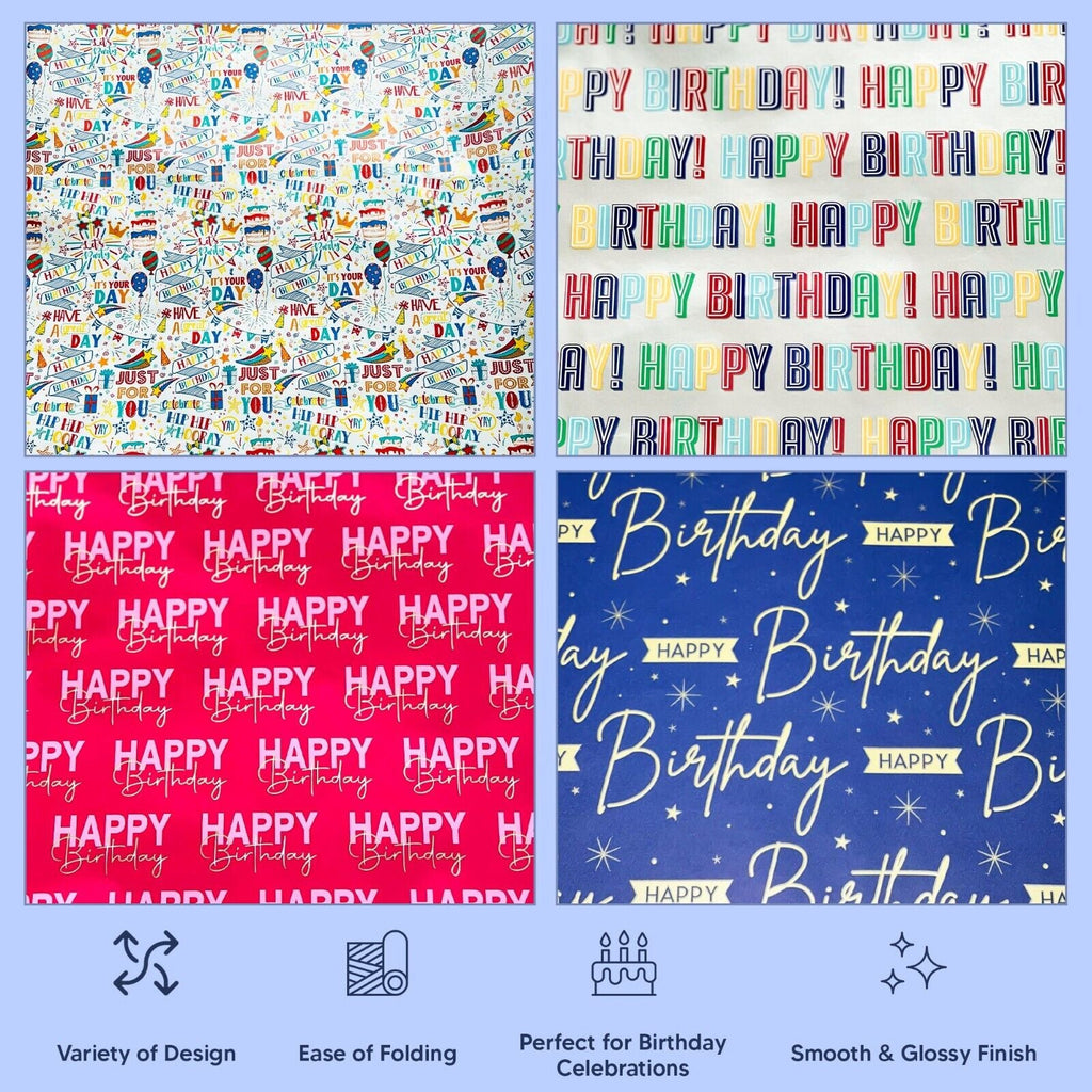 Pack of 4 X 3M Happy Birthday Gift Wrapping Paper Roll - Assorted Designs