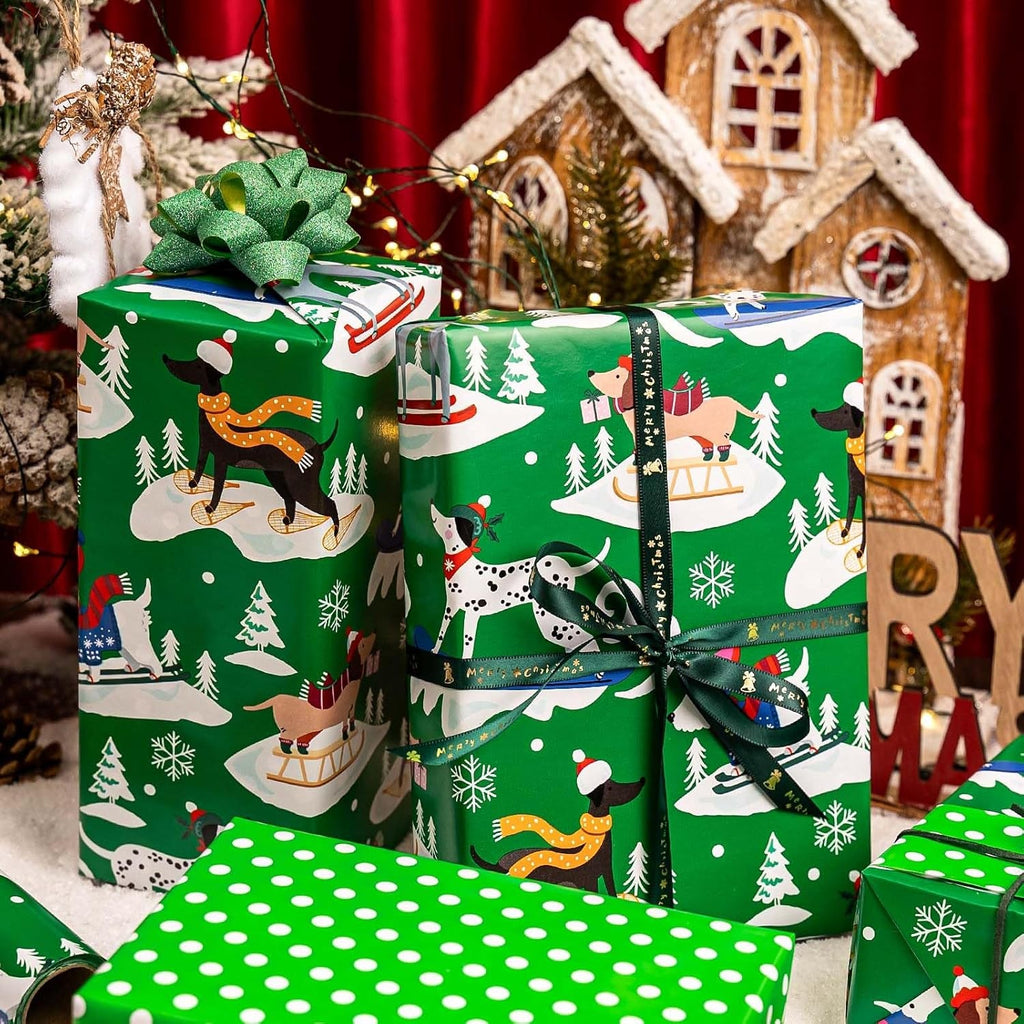 Reversible Christmas Wrapping Paper Roll - 43Cm X 10M Cute Green Presents Packing Paper - Funny Dog/Christmas Tree/Snowflakes/Polka Dots Design