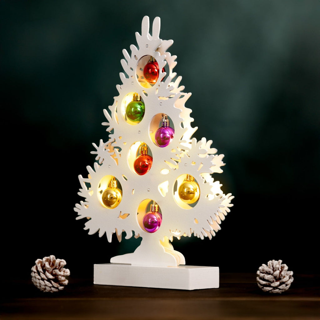 Christmas Tree Wooden Decoration with Baubles Light up Ornament White Small Xmas