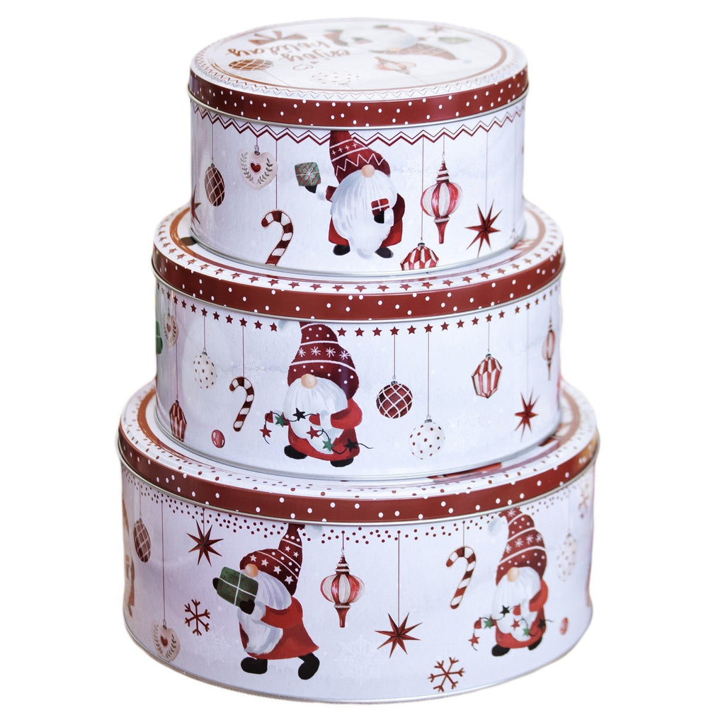 3Pc Christmas Gonk Nesting Cake Tins Set Metal Xmas Gnome Kitchen Baking Storage
