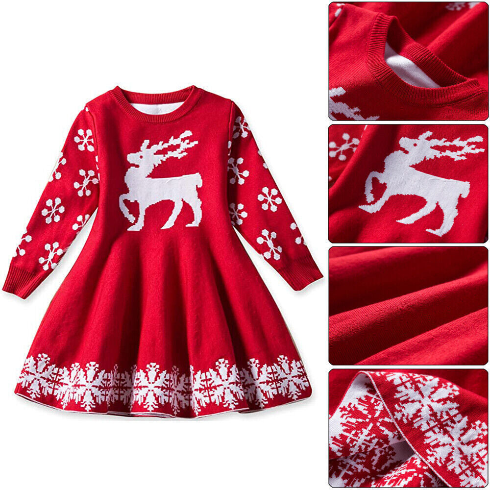 UK Kids Girls Christmas Elk Knitted Sweater Winter Warm Long Sleeve Jumper Dress