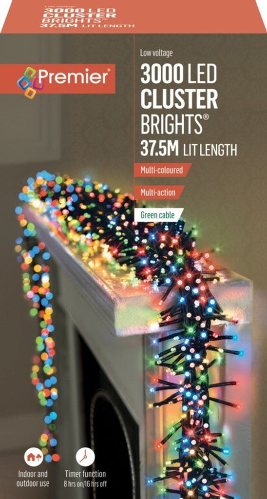 Premier 3000 LED Cluster Indoor Outdoor Multi-Action Christmas Tree Lights MULTI