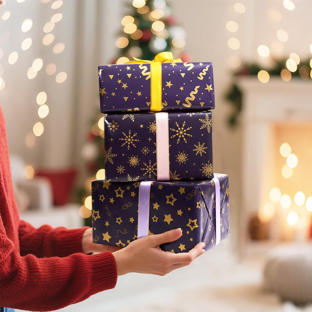 3 Rolls Blue Gold Gift Wrapping Paper, 43Cm*3M Wrapping Paper Print with Star and Snowflake for Christmas, Birthday, Festival Party Gift Decoration