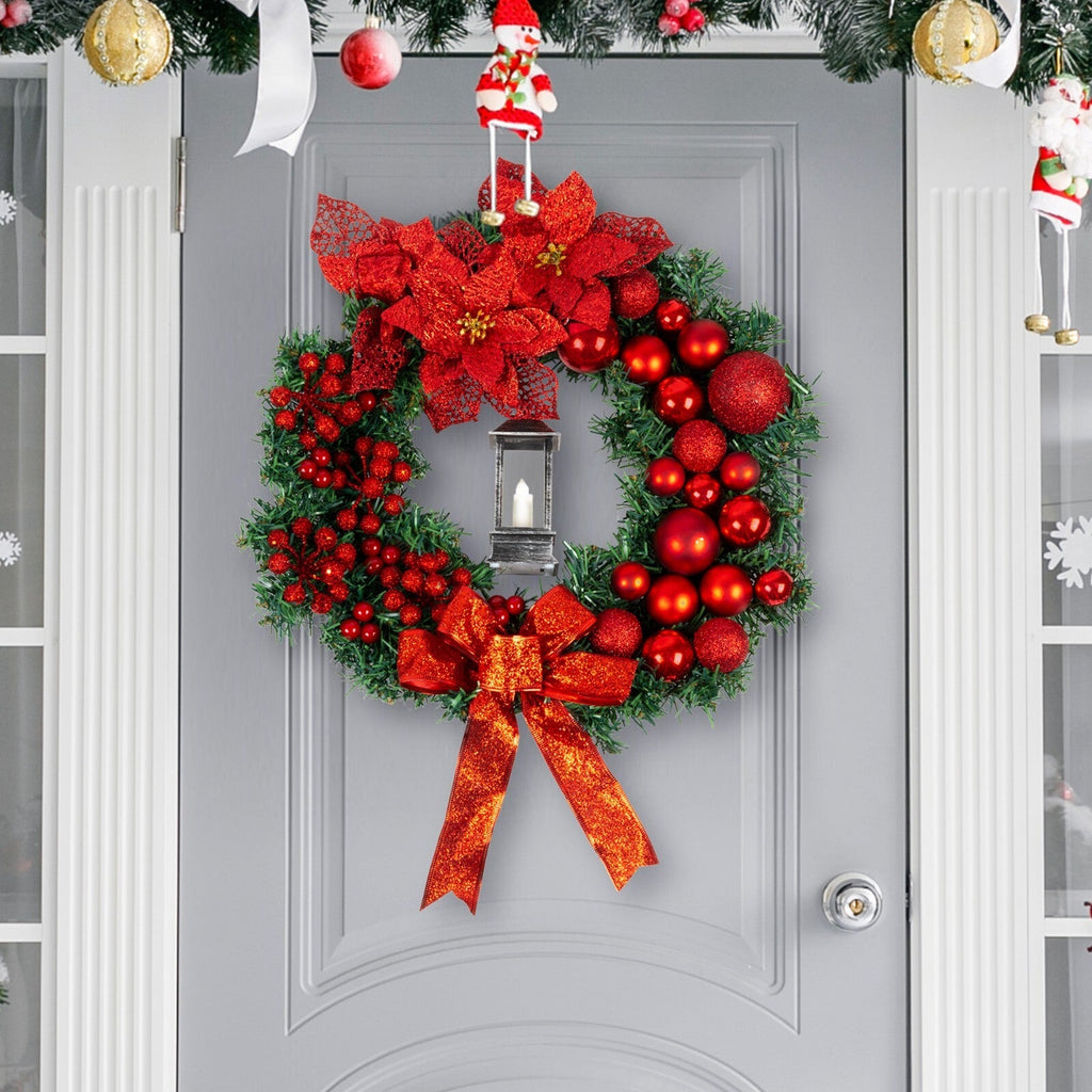 Artificial LED Christmas Wreath Pine Green Decorative Hanging Xmas Door 40Cm Bow