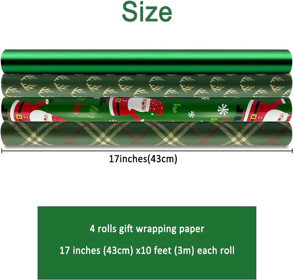 Green Gift Wrapping Paper Rolls, 4 Rolls 43Cm*3 Meter Christmas Wrapping Paper Roll,Suitable for Xmas, Birthday, Party,Wedding,Baby Shower,Festival Gift Decorations