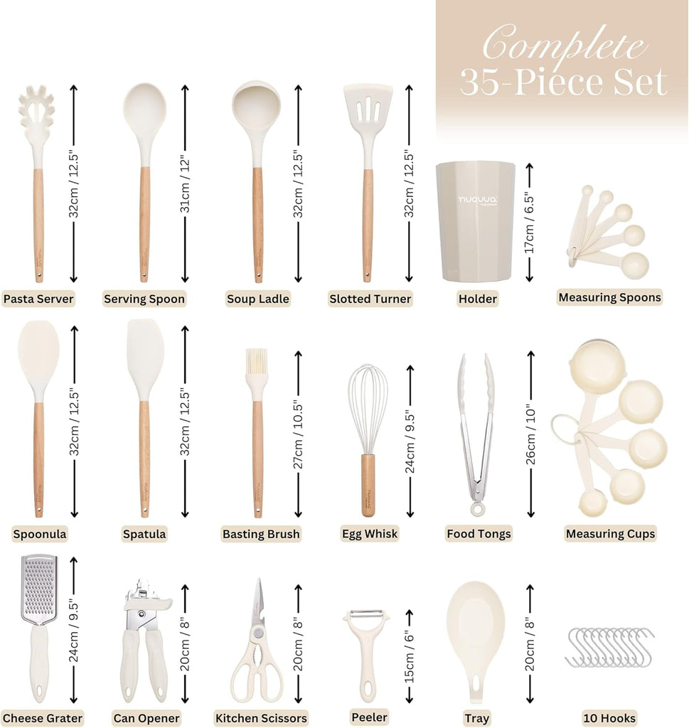 Kitchen Non Stick Cooking Utensils Set – Heat Resistant Silicone Utensils with Wooden Handle – Ladles, Spoons and Spatulas Set – Kitchen Tools & Accessories – 35Pcs, Cream – by