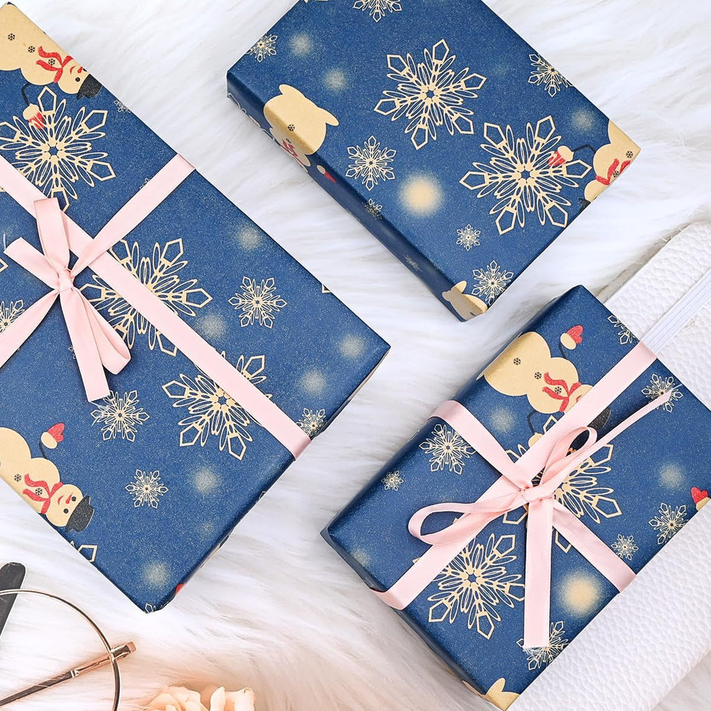 Wrapping Paper Roll, Roll of Christmas Gift Wrapping Paper Recyclable Kraft Paper, 15M X 43Cm Navy Blue Paper Printed with Star Snowflake Snowman for Christmas Gift Wrapping Party Decoration