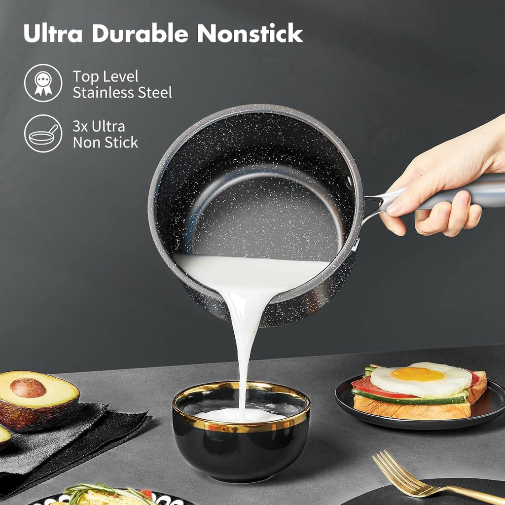 Stainless Steel Pots and Pans Set, 7-Piece Induction Hob Pan Set with Stay Cool Handles, Nonstick Saucepan Set Cooking Pans Set with Glass Lids, Black Granite Kitchen Cookware Set, for All Stove