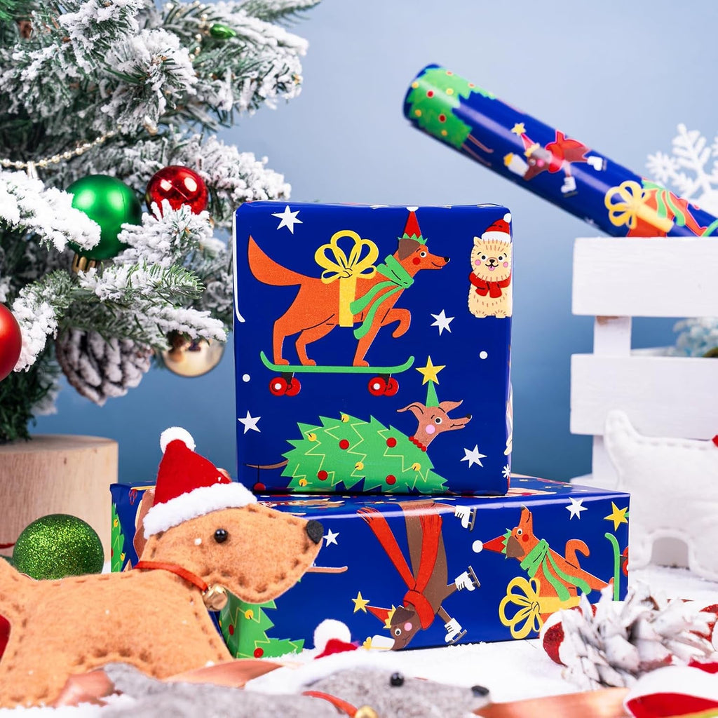 Dog Christmas Wrapping Paper - Mini Roll - 43.2Cm X 5M - Adorable Christmas Dog Wrapping Paper for Xmas, Party Celebration
