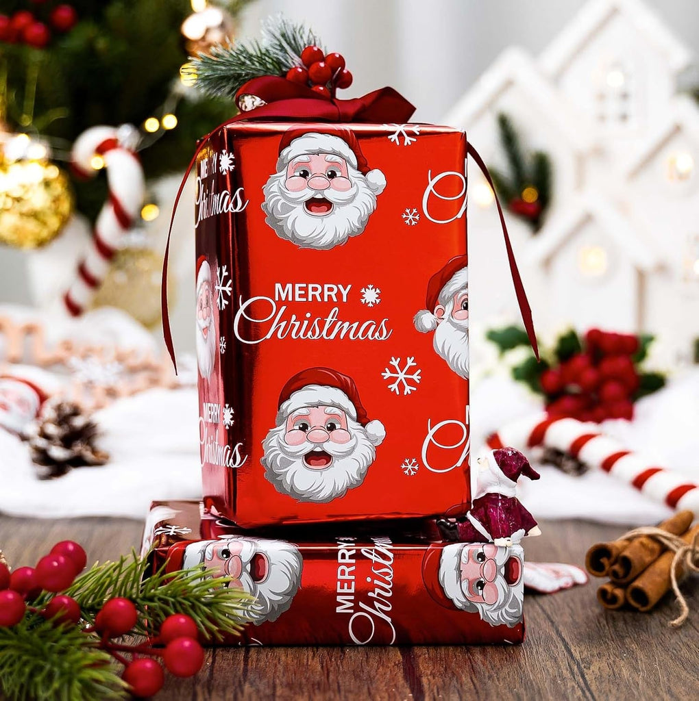 Christmas Wrapping Paper Roll - 43Cm X 10M Red White Metallic Foil Shine Cute Present Packing Paper - Santa Claus/Snowflakes/Merry Christmas Lettering Design