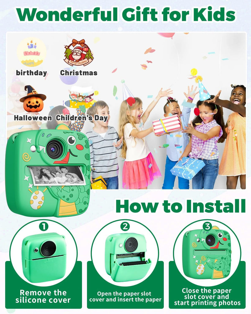 Instant Print Camera for Kids, Christmas Birthday Gifts Toys for 3 4 5 6 7 8 9 Year Old Boys Girls, 1080P Kids Digital Cameras Dinosaur Boys Toys Age 3-9 (Green)