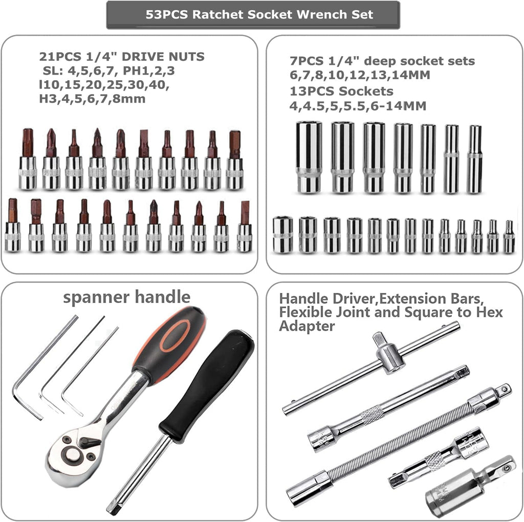 53-Piece 1/4" Socket Set,Driver Bits Metric Tool Set,72 Teeth Quick Release Ratchet Wrench Set with Flexible Extension Rods,S2 Screwdriver Bit,Crv Sockets/Deep Sockets,Tool for Car Bicycle Repair&Diy