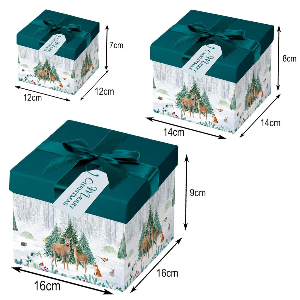 Christmas Gift Boxes 3 Pack Lift off Lids with Ribbon 12Cm 14Cm 16Cm - Woodland