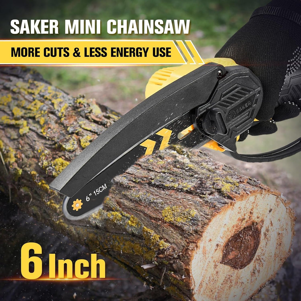 Mini Chainsaw Cordless 6-Inch-Switch Security Lock-Cordless Power Chain Saws-Handheld Small Chainsaw for Cutting Wood Trimming and Woodworking Gift for Men 2 Batteries
