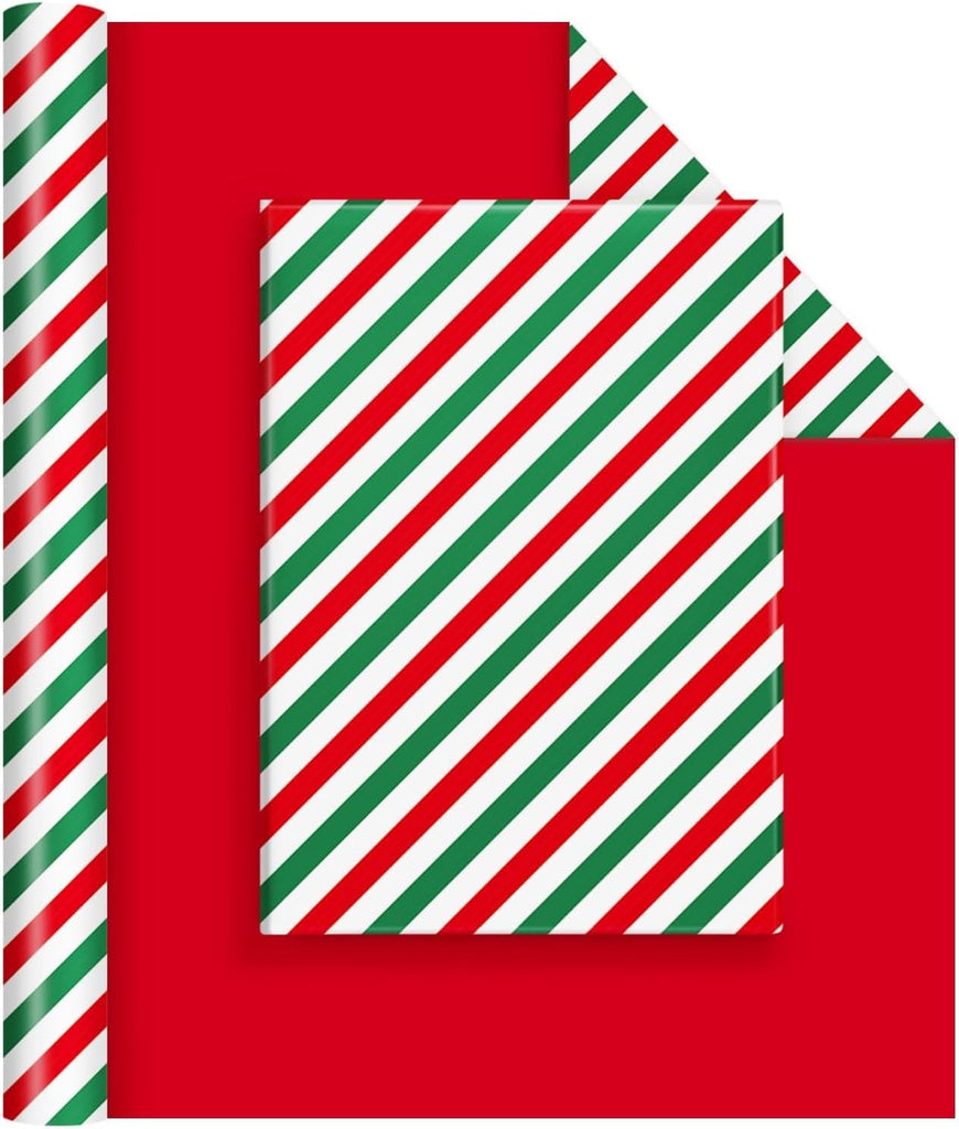 Reversible Christmas Wrapping Paper Roll - 1 Roll 43Cm X 10M Red Christmas Wrapping Paper with Green and Red Stripes Design for Kids Boys Holiday Birthday Gift Packing Decorations