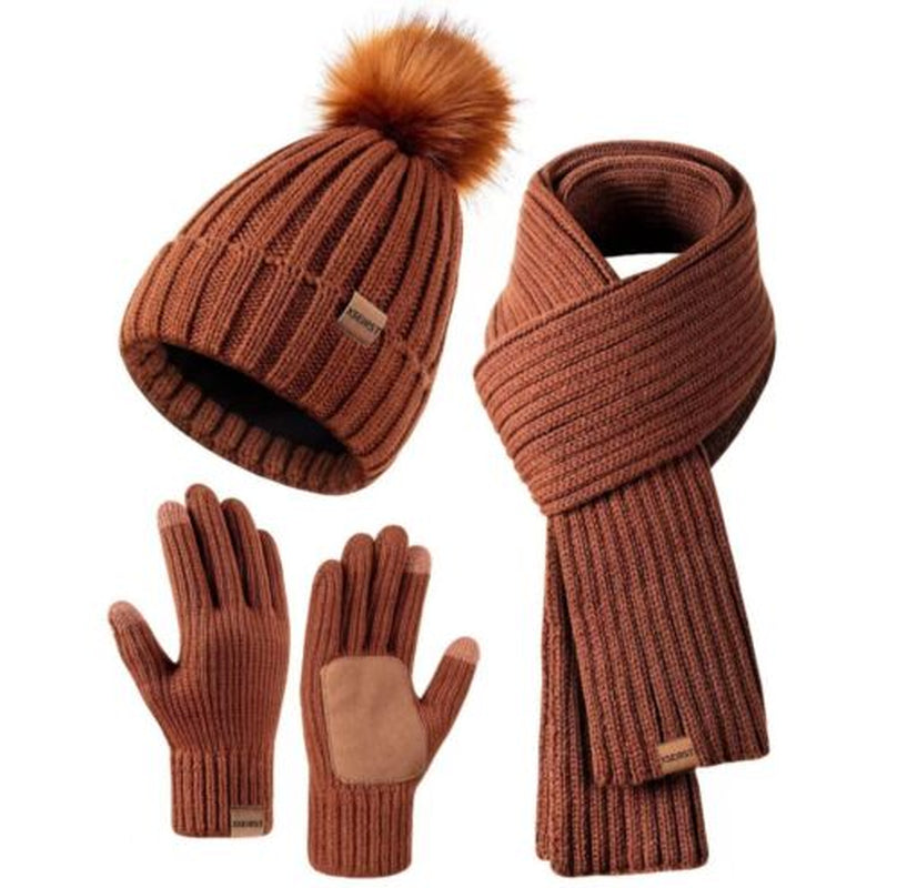 Hat Scarf and Gloves Set Ladies, Winter Beanie Hat for Women with Pom Pom Fleece