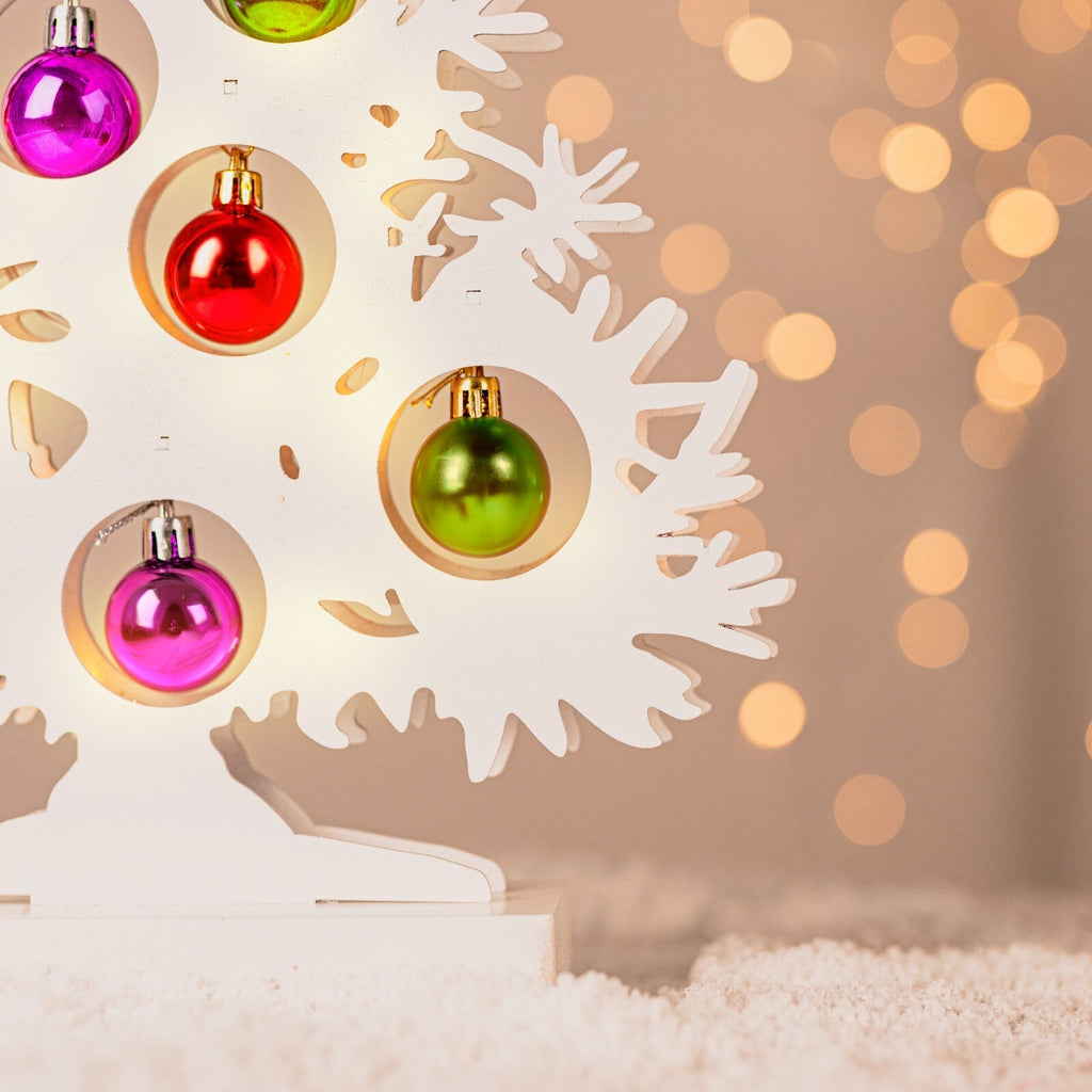 Christmas Tree Wooden Decoration with Baubles Light up Ornament White Small Xmas