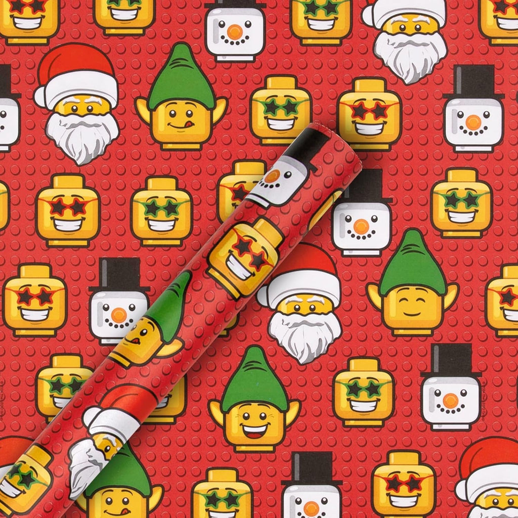 Wrapping Paper, Roll Wrap, Pack of 3, LEGO, LEGO Heads, Christmas, Santa, Snowman, Elf, Red, 4M Each