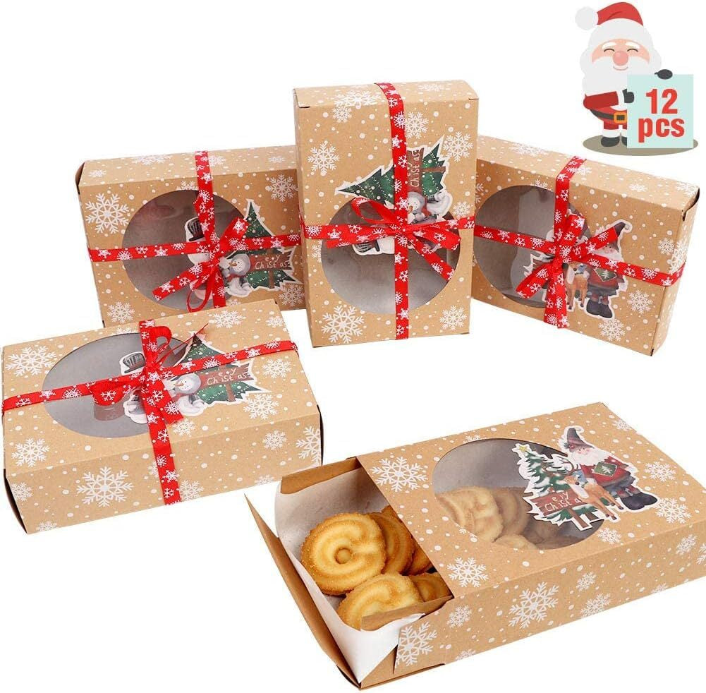 12PC Christmas Cookie Gift Box Kraft Paper Candy Gift Boxes Xmas Party Packaging
