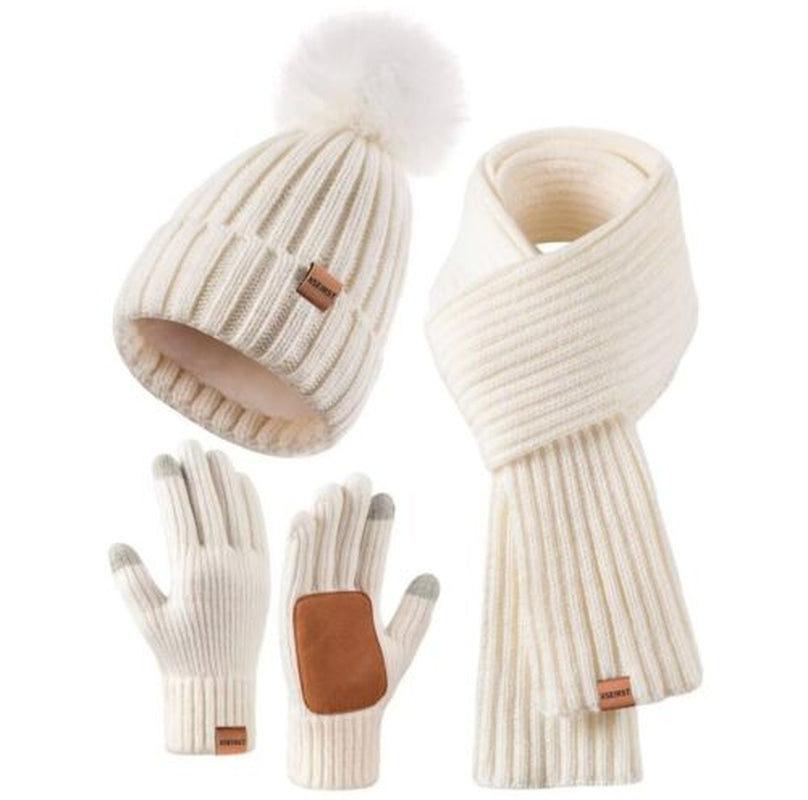 Hat Scarf and Gloves Set Ladies, Winter Beanie Hat for Women with Pom Pom Fleece